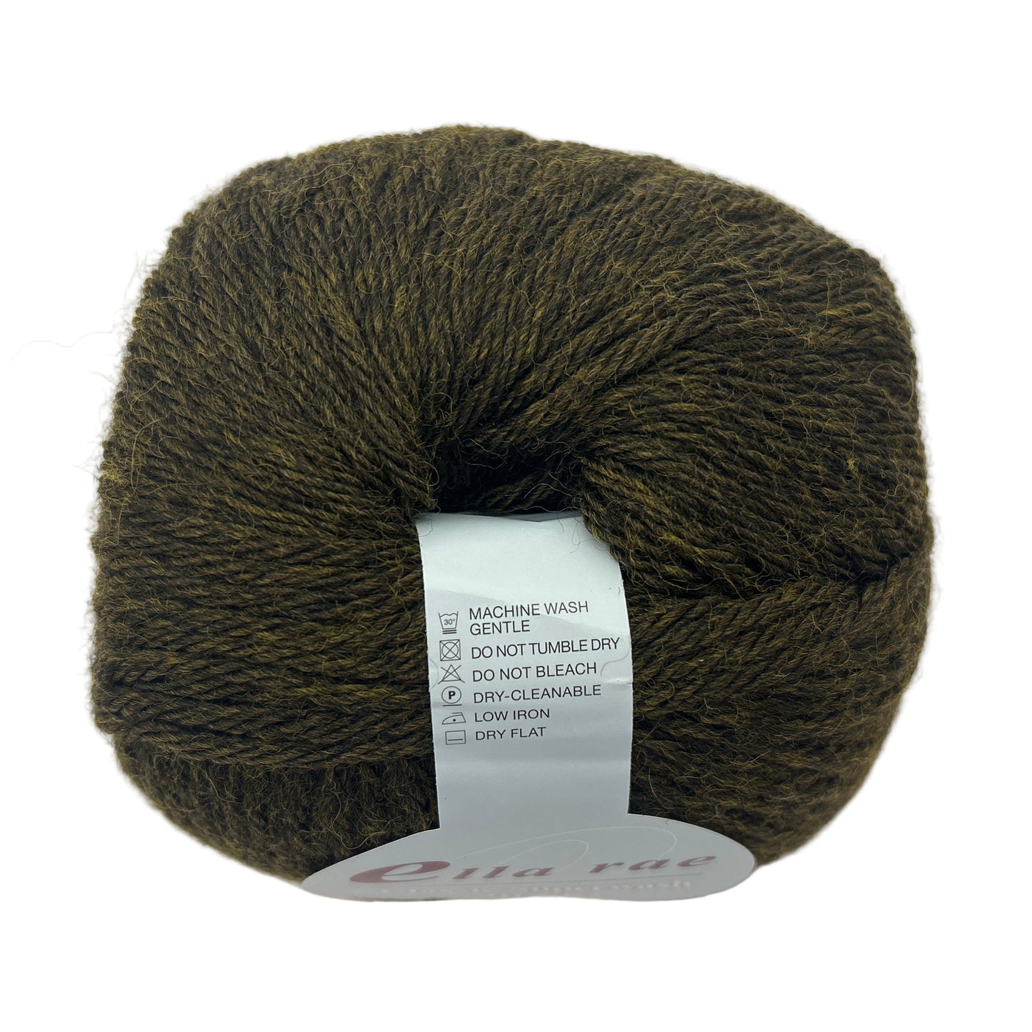 Ball of dark green yarn with a label on a white background