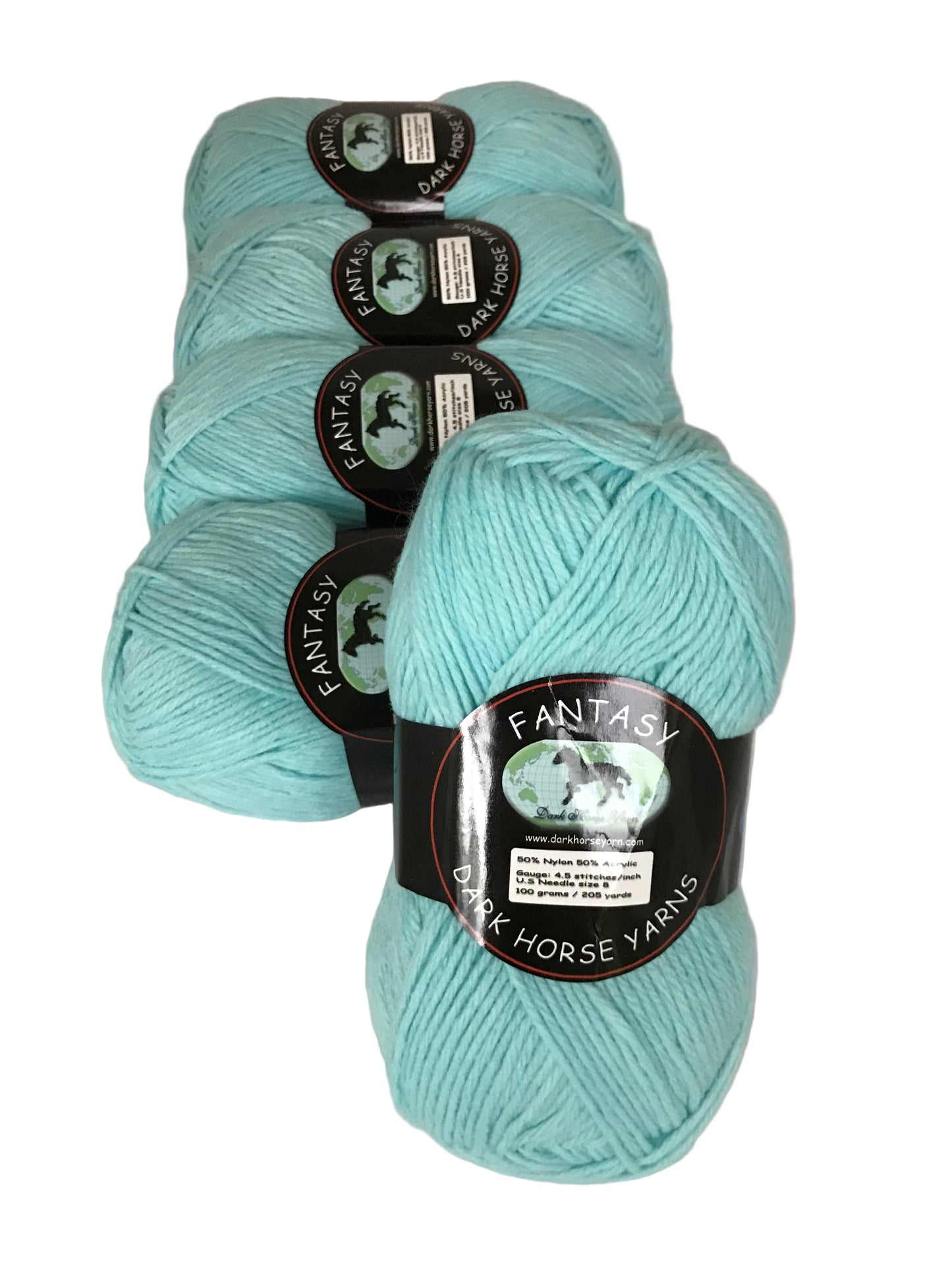 Four skeins of light blue yarn with labels on a white background