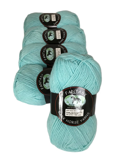 Four skeins of light blue yarn with labels on a white background