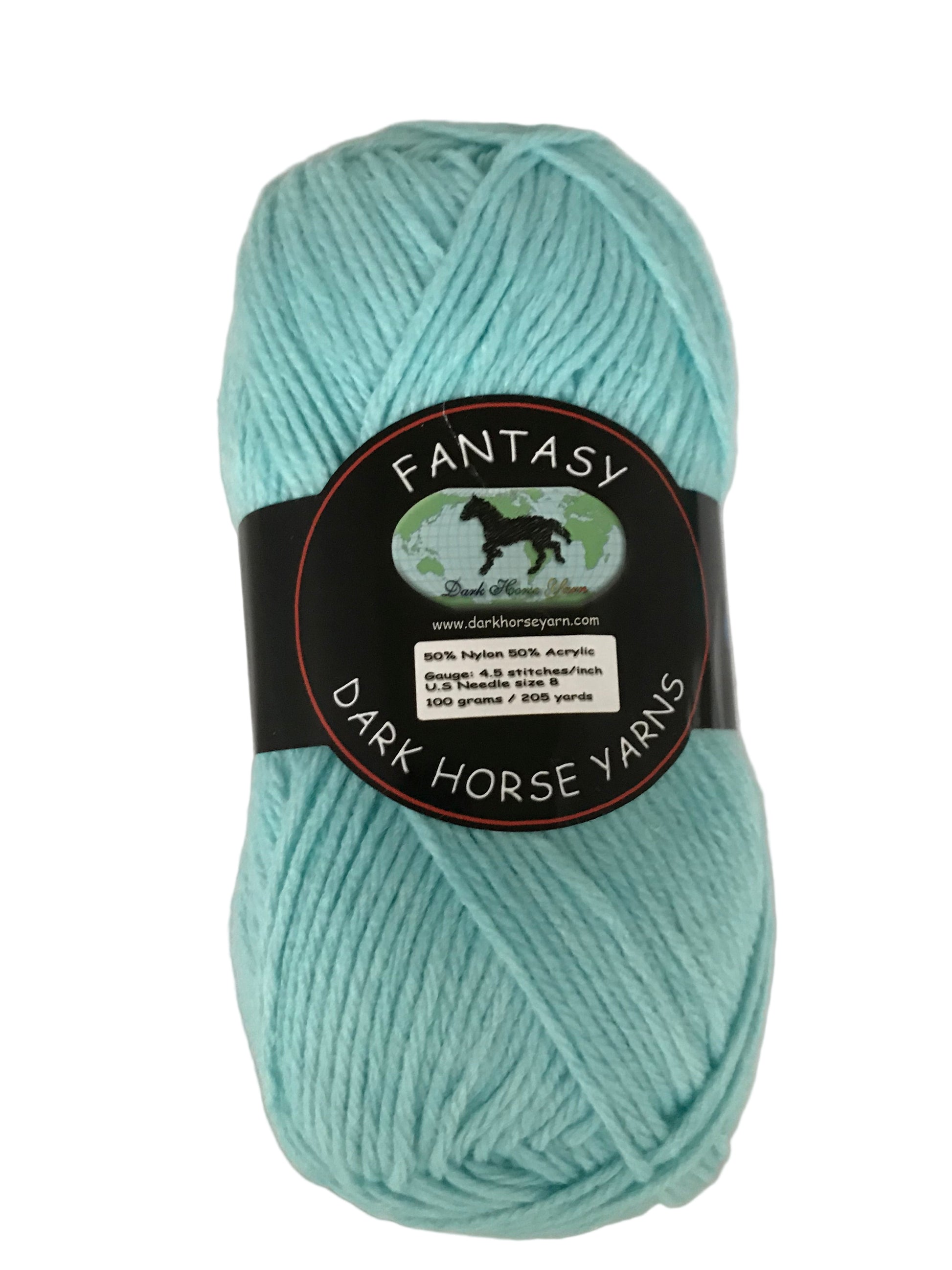 Teal skein of yarn with a Dark Horse Yarns label on a white background