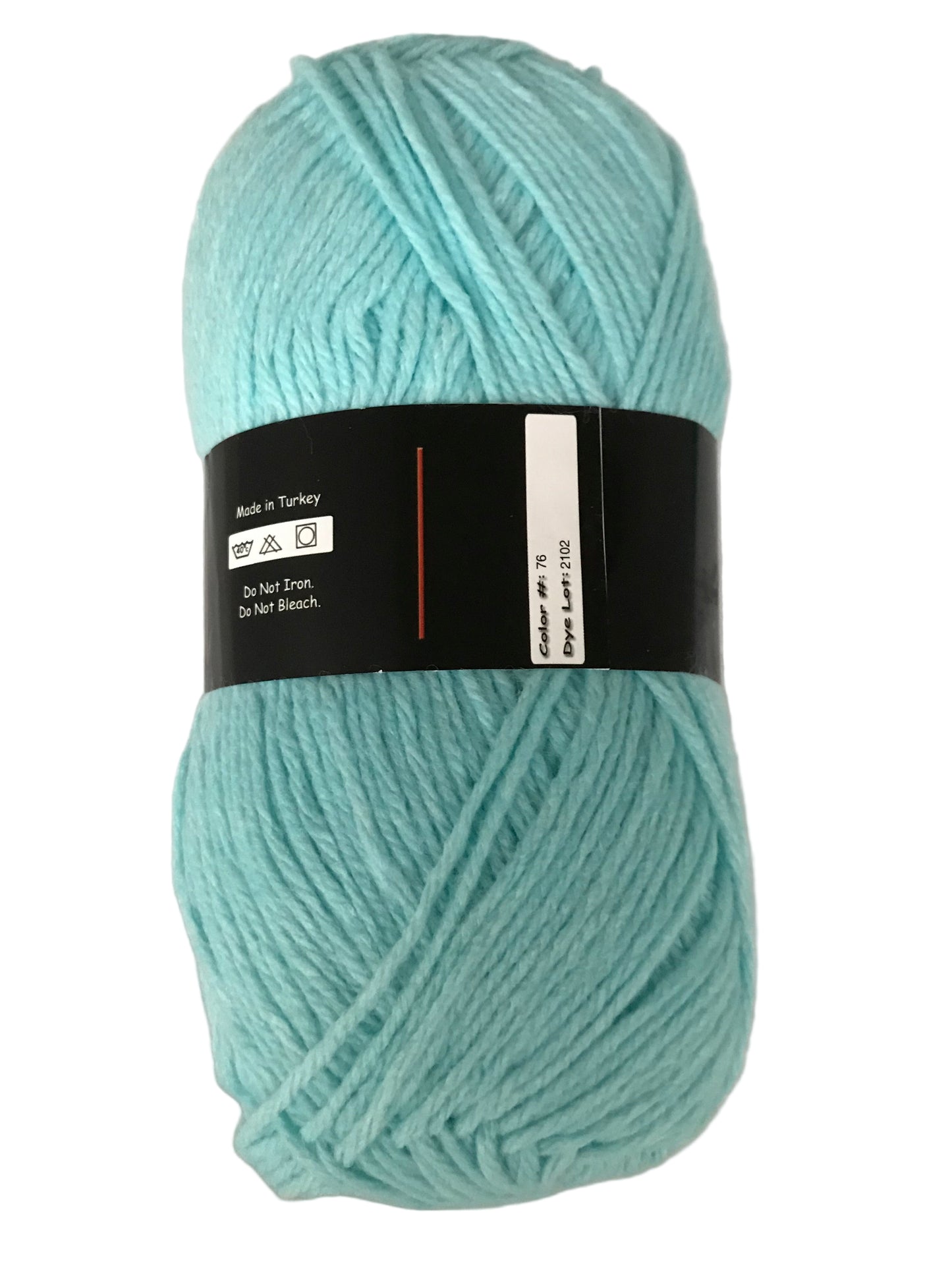 Turquoise skein of yarn with a label on a white background
