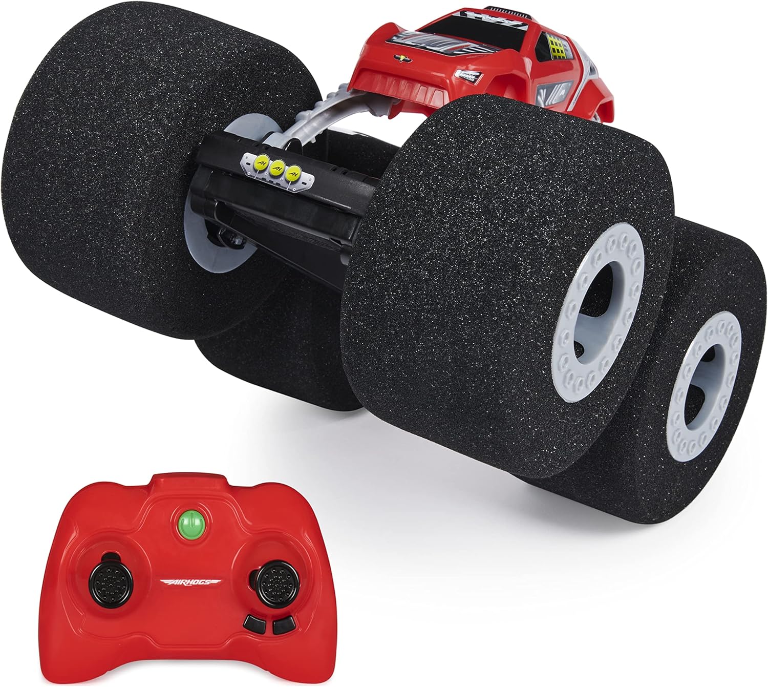 Red remote control car with black wheels on a white background