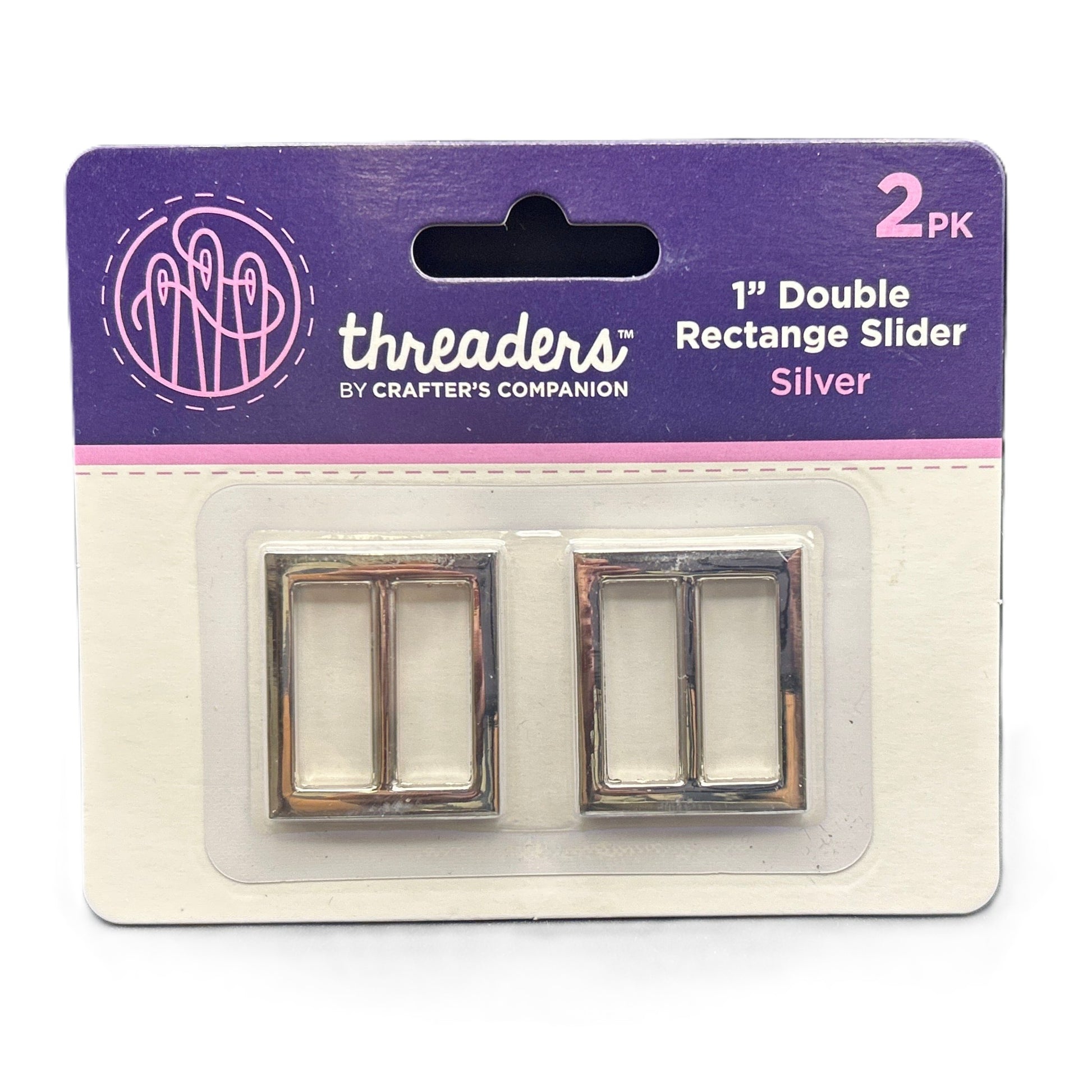 Packaging of Threaders by Crafter's Companion silver double rectangle sliders on a white background
