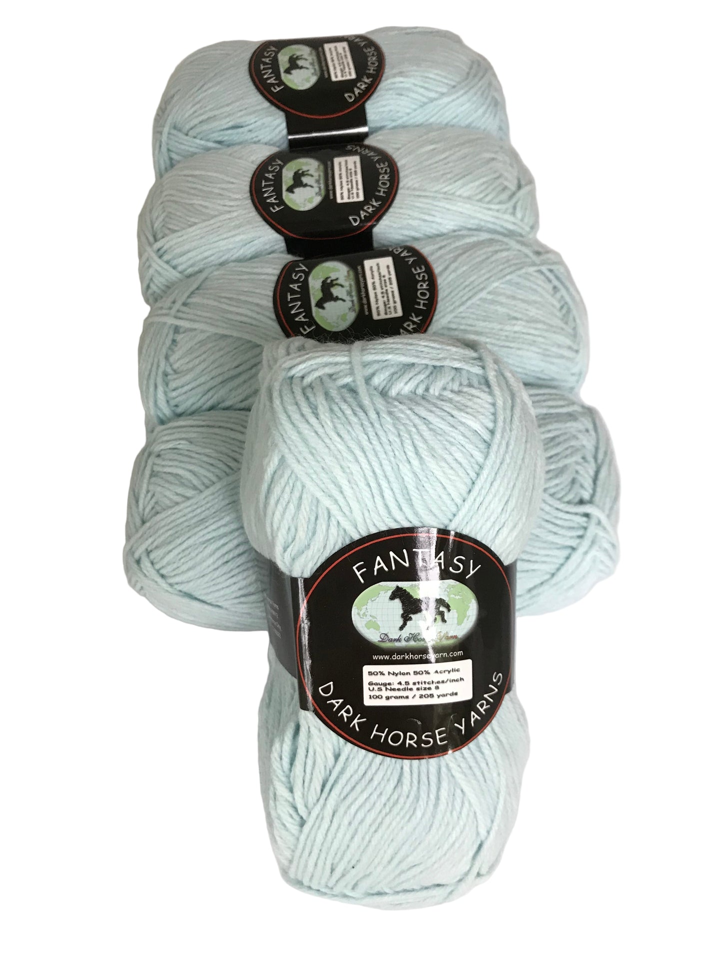 Three skeins of light blue yarn with 'Fantasy Dark Horse' labels on a white background