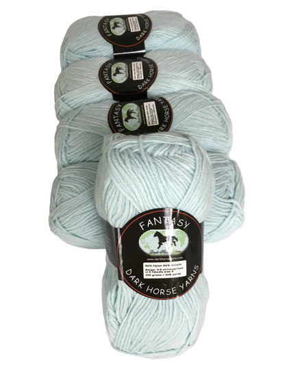 Three skeins of light blue yarn with 'Fantasy Dark Horse' labels on a white background