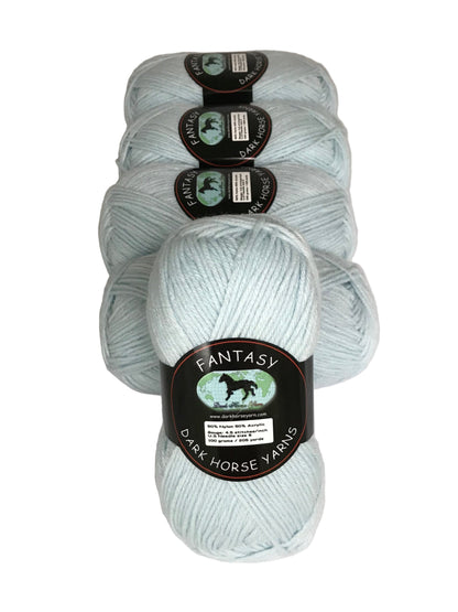 Five skeins of light blue yarn with 'Fantasy' label on a white background