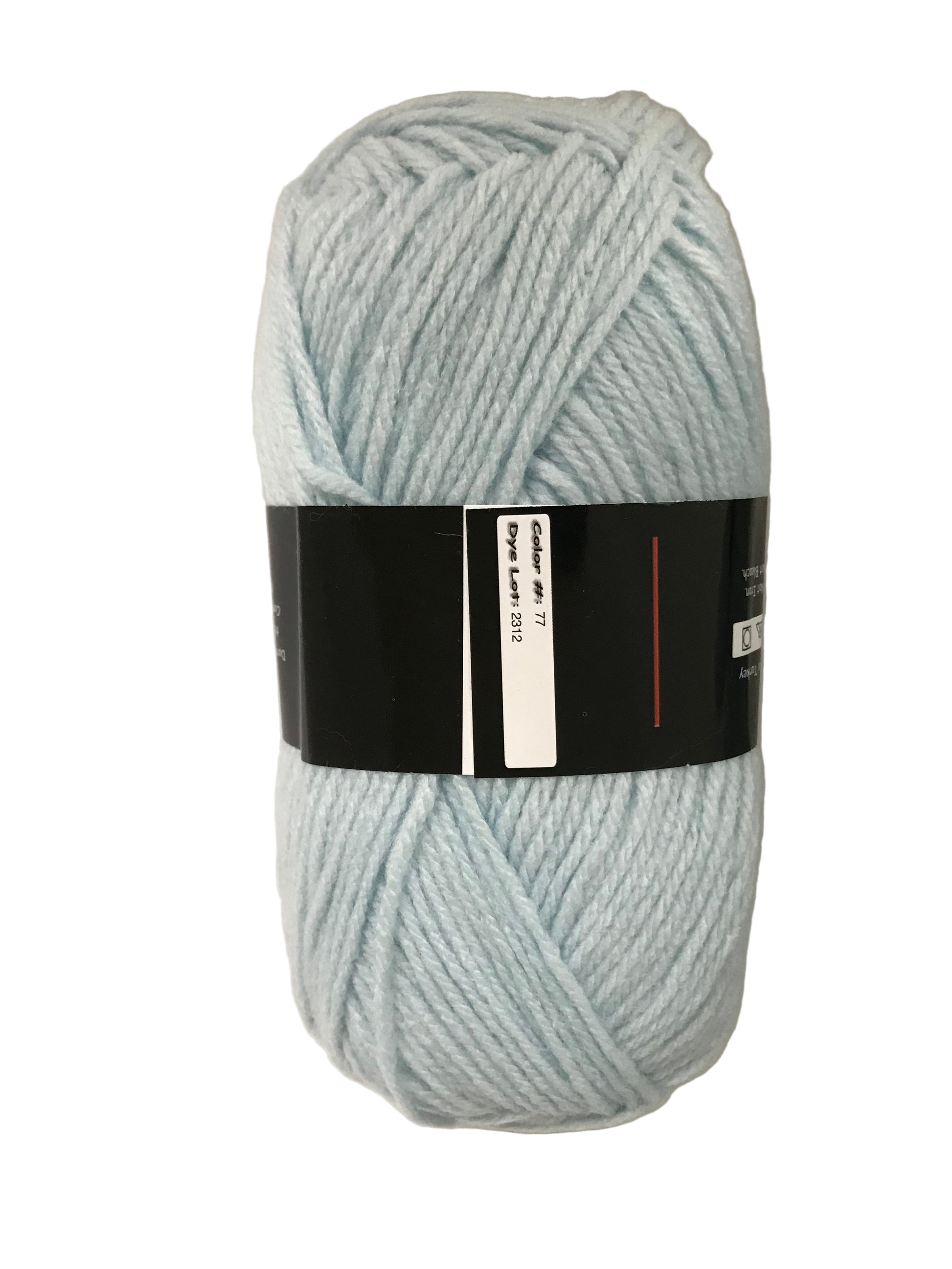 Light blue skein of yarn with a black label on a white background