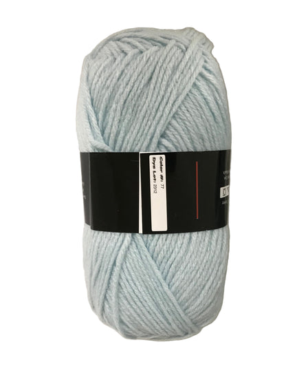 Light blue skein of yarn with a black label on a white background
