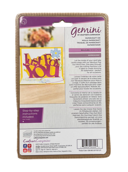 Cardboard die set packaging with 'Just For You' text and product details.