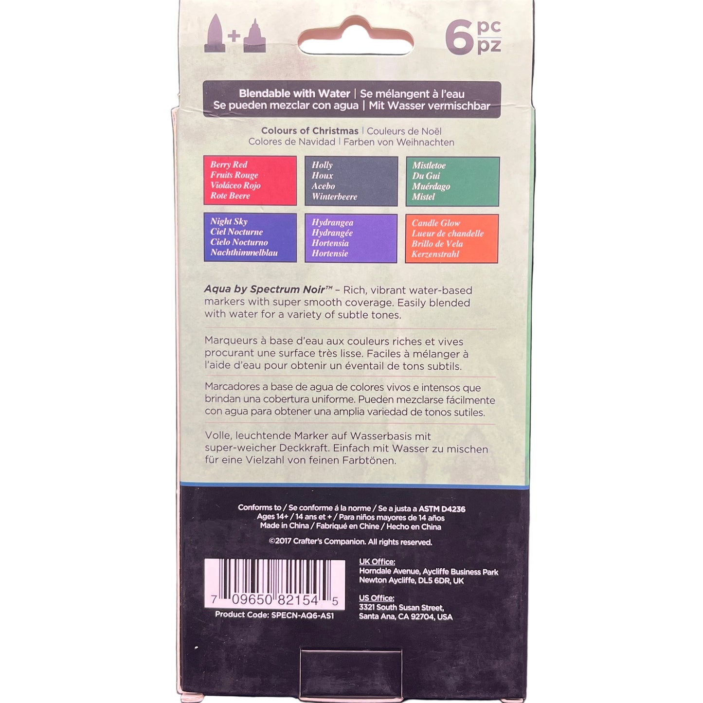 Product packaging with text and color swatches on a dark background
