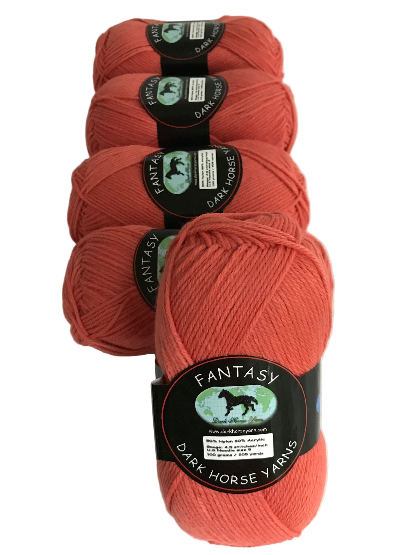 Four skeins of red yarn with labels on a white background