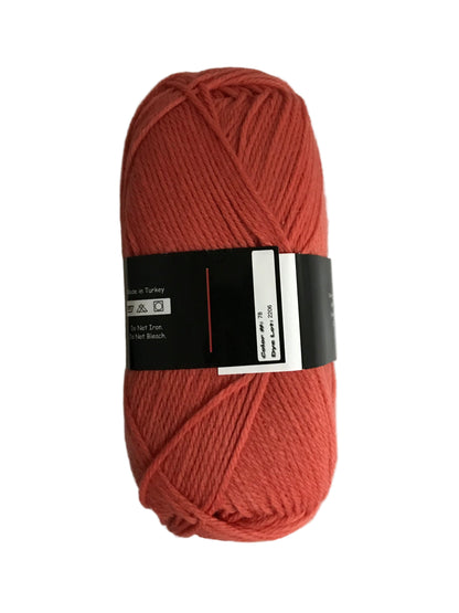Red skein of yarn with a label on a white background