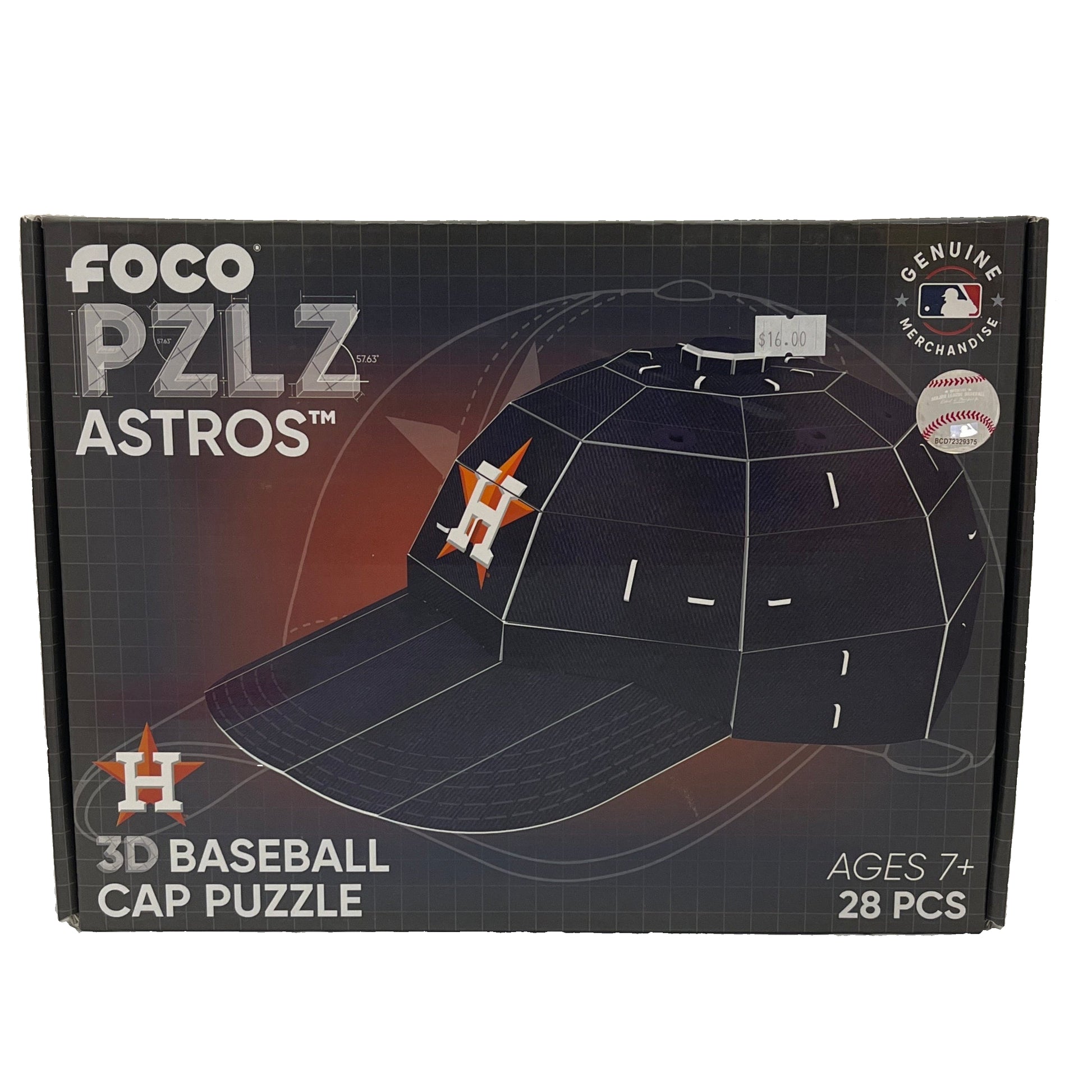 FOCO PZLZ Astros 3D baseball cap puzzle packaging on a white background