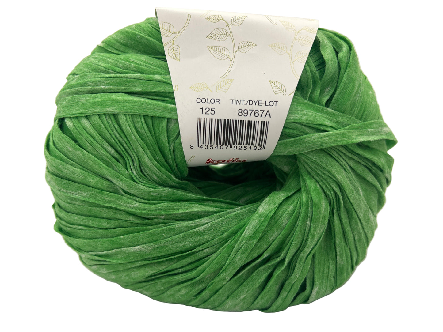 Green ball of yarn with a label on a white background