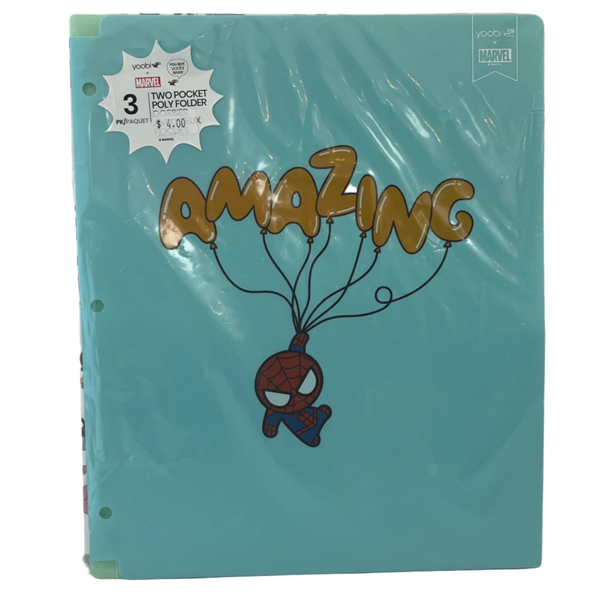 Marvel Spider-Man themed two-pocket poly folder with 'Amazing' text and character design on a teal background.