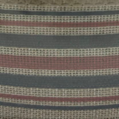 Close-up of striped fabric with red, blue, and beige colors.