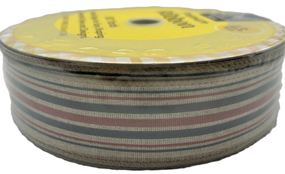 Spool of striped ribbon with a yellow label on a white background