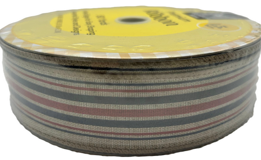 Spool of striped ribbon with a yellow label on a white background