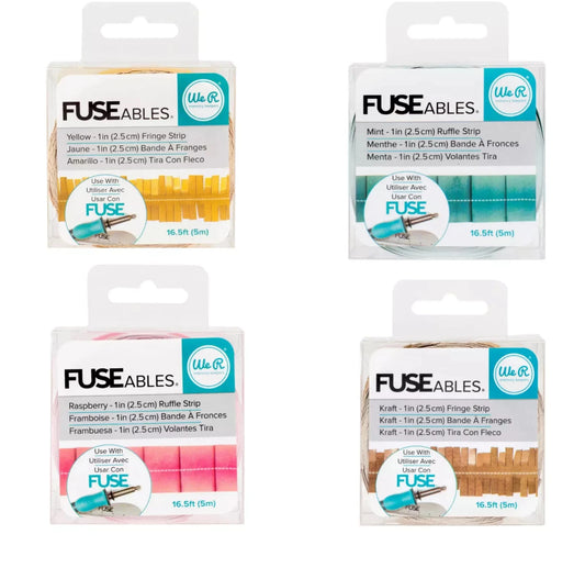 Four packages of Fuse Ables fringe strips with different colors on a white background.