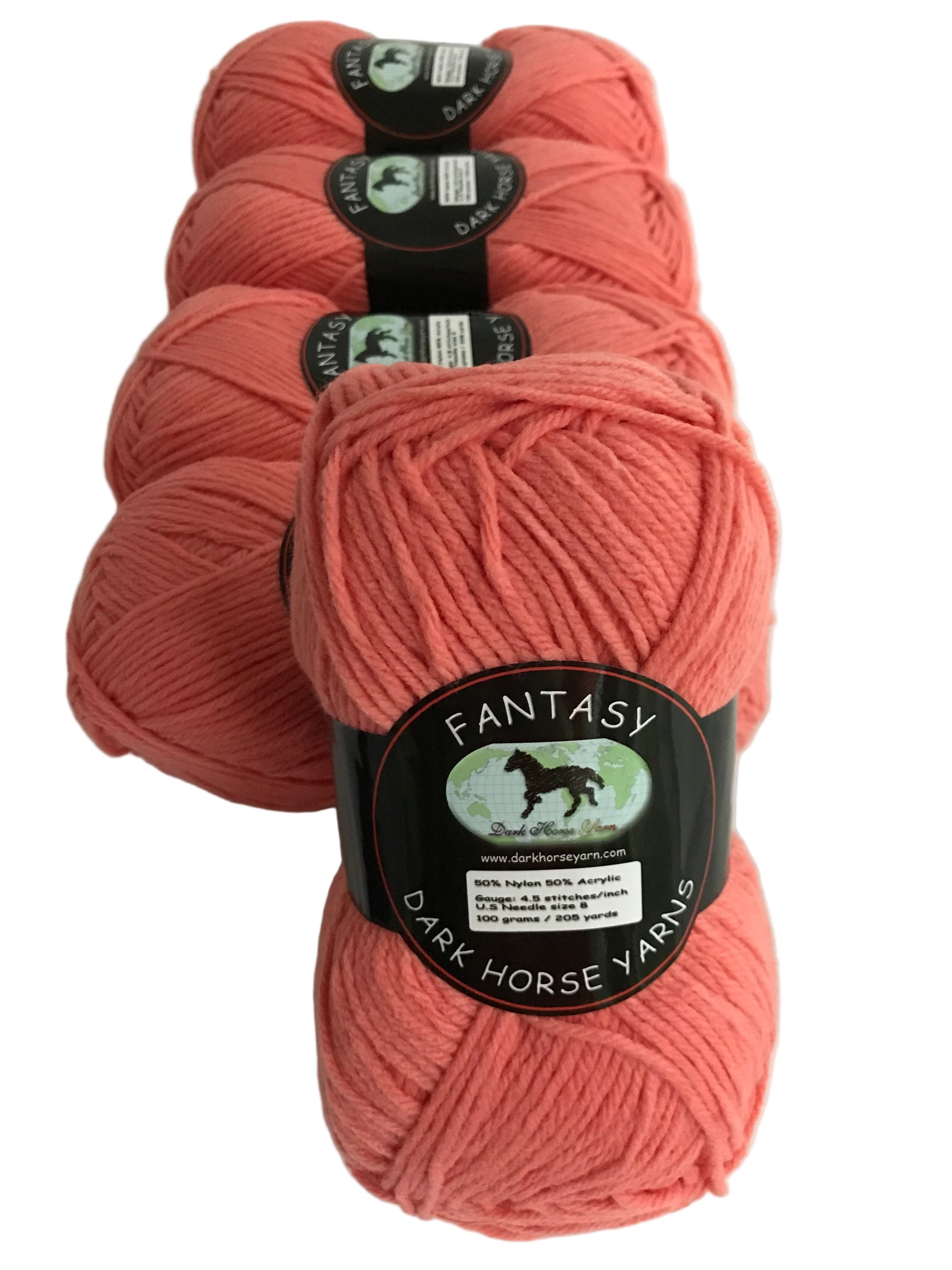 Three skeins of pink yarn with 'Fantasy Dark Horse' labels on a white background