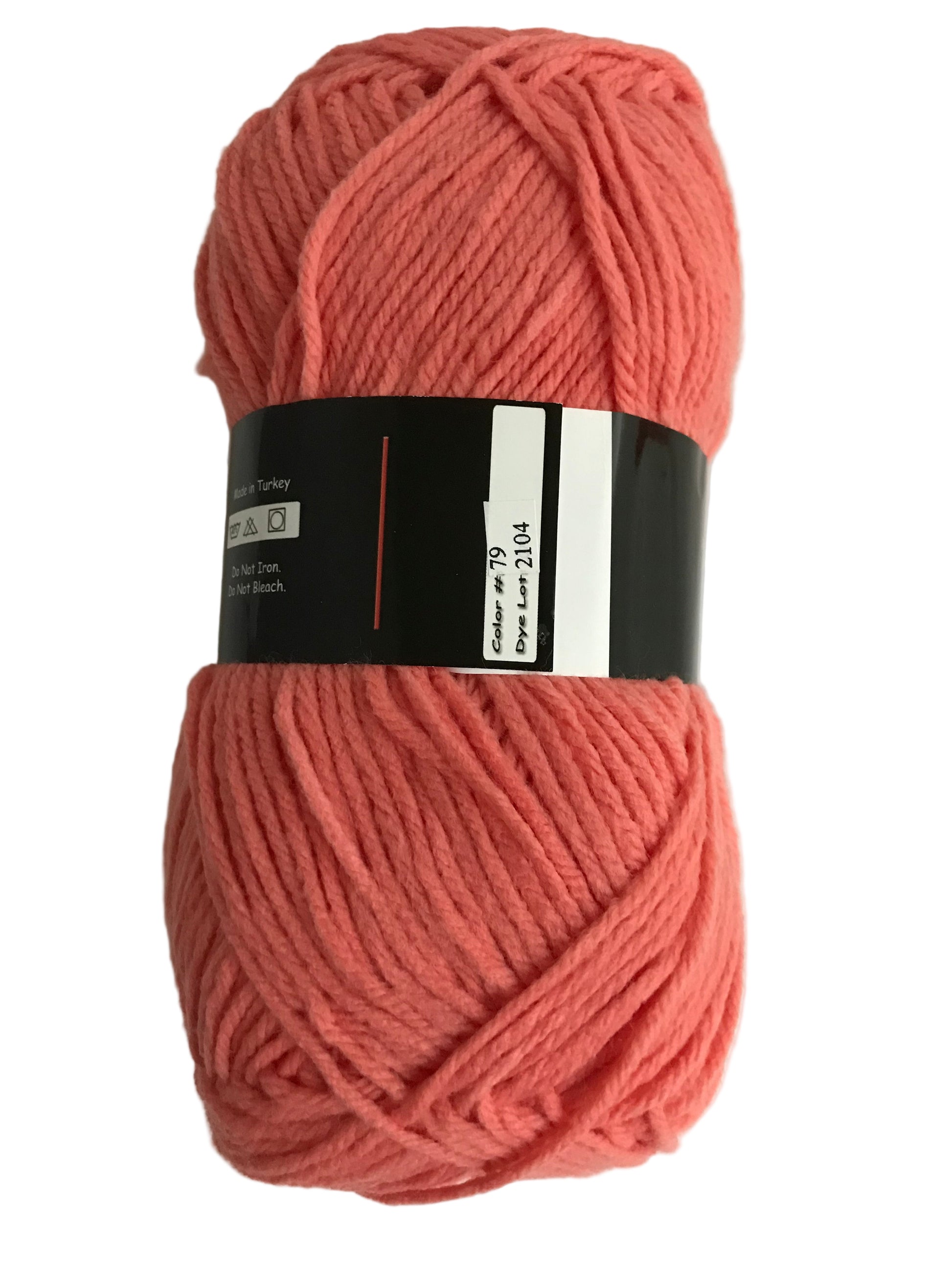 Coral pink skein of yarn with a label on a white background