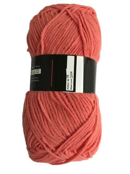 Coral pink skein of yarn with a label on a white background