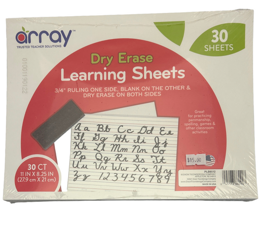 Box of dry erase learning sheets with Array branding on a gray background