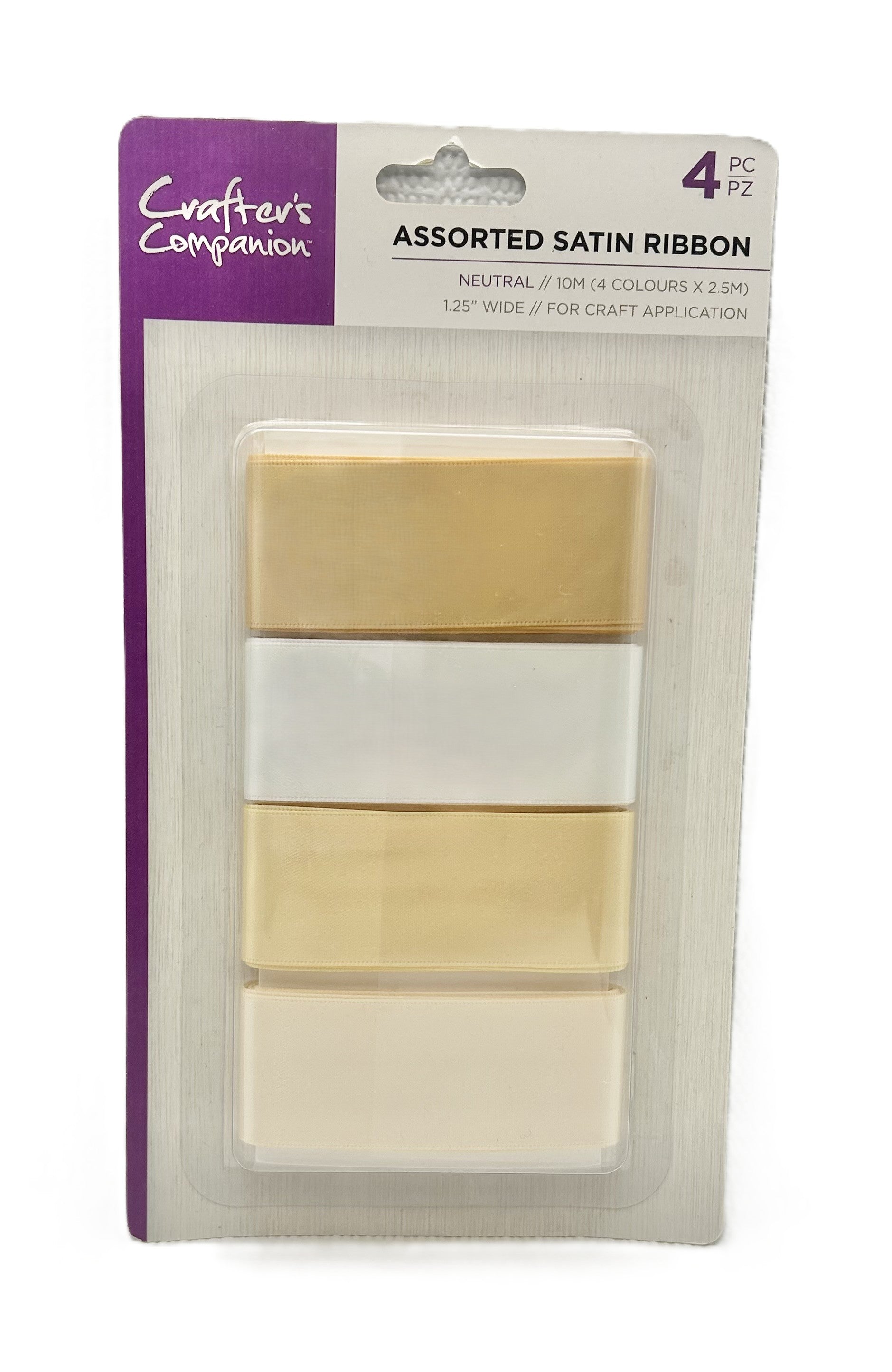 Packaged satin ribbon with neutral colors on a white background