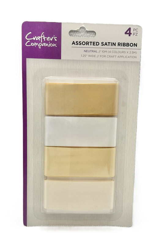 Packaged satin ribbon with neutral colors on a white background