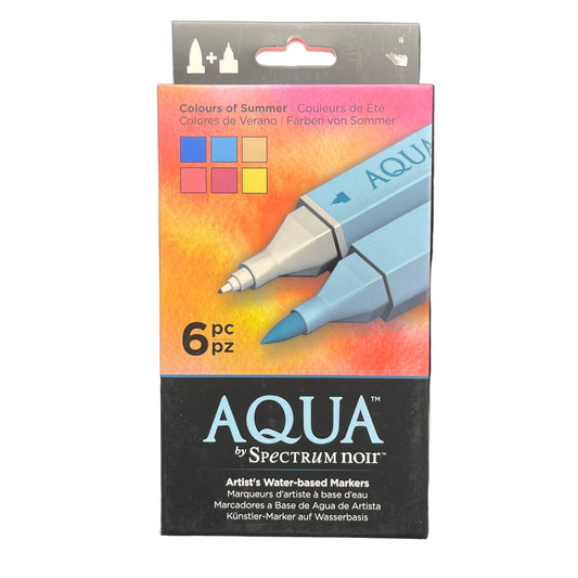 Packaging of Aqua by Spectrum Noir water-based markers with colorful design on a white background