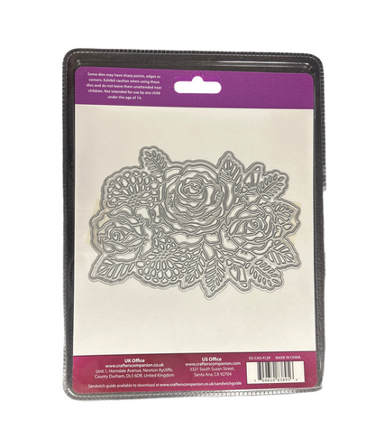Metal floral die cut set in packaging with purple accents