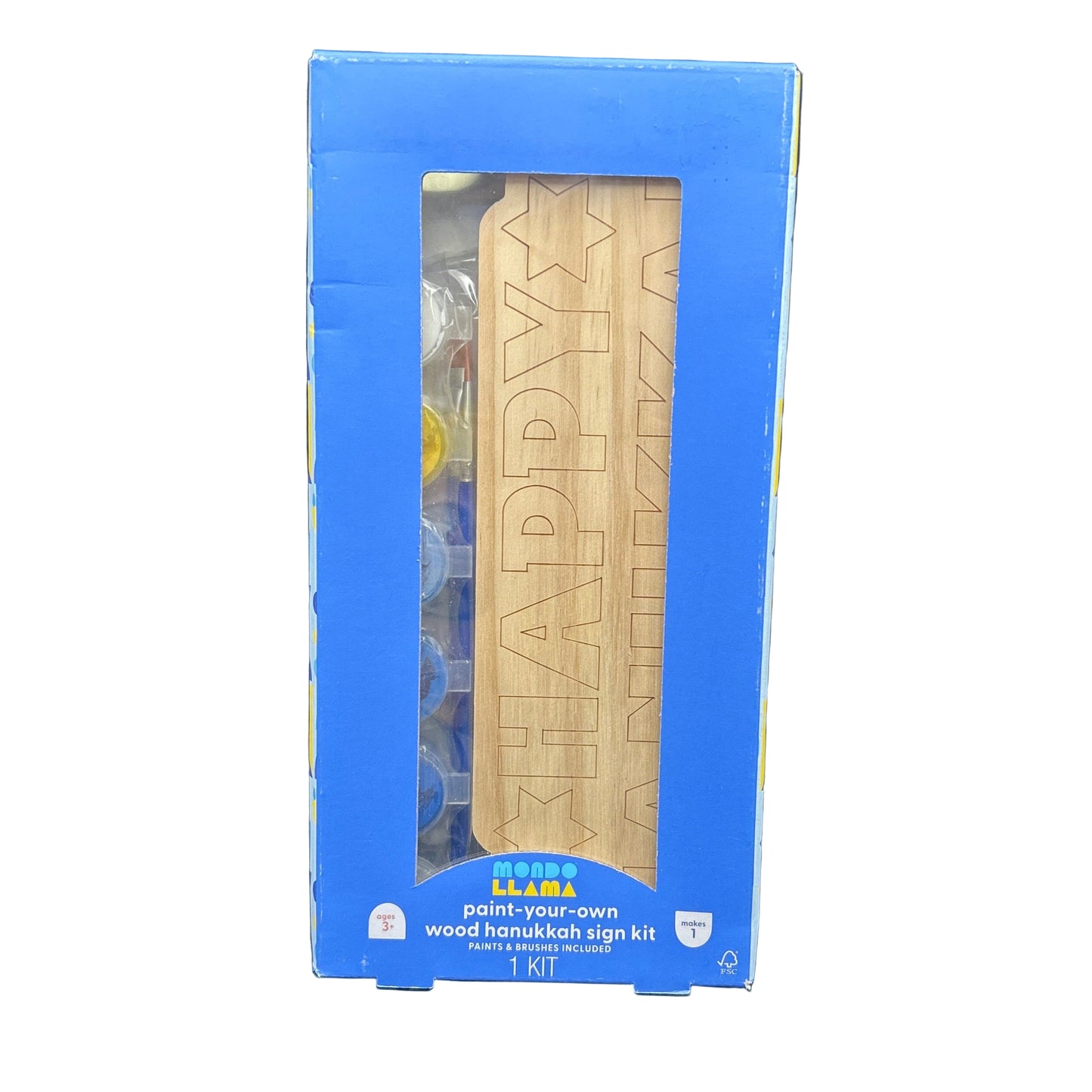 Blue box with a wooden sign inside, featuring the word 'Happy' on a dark background