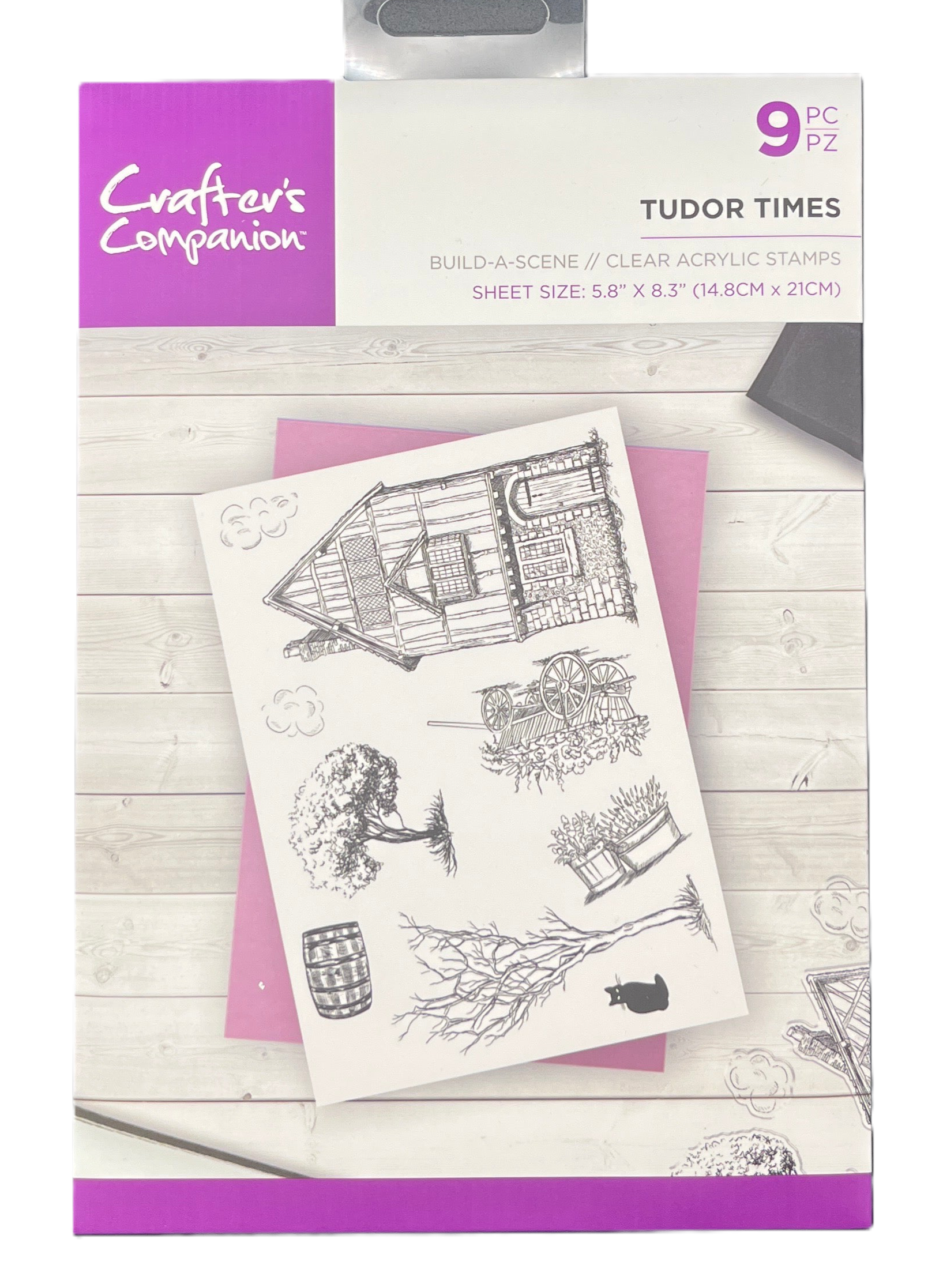 Set of Tudor-themed clear acrylic stamps with Crafter's Companion packaging on a wooden surface.
