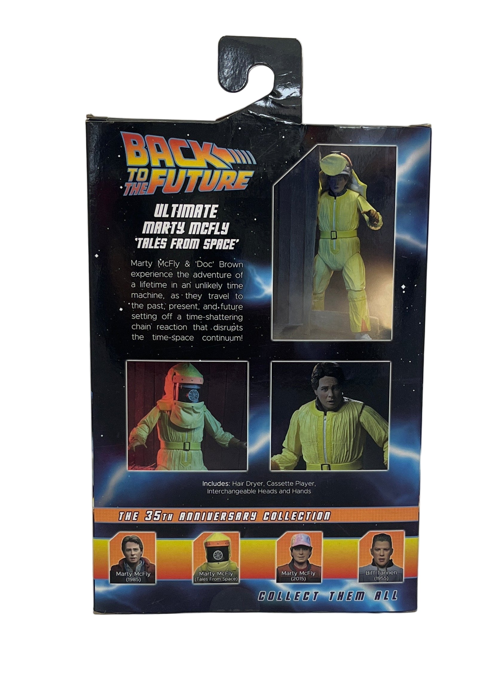 Back to the Future action figure packaging with character images and text.