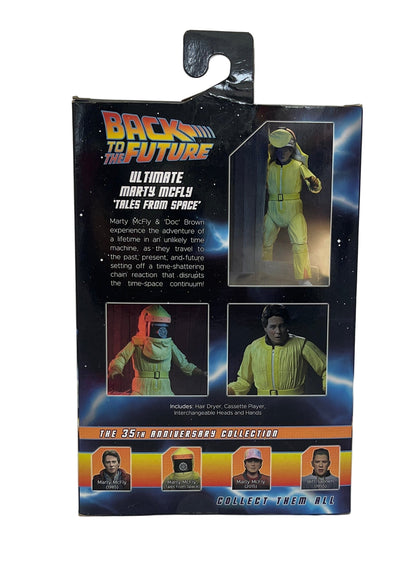Back to the Future action figure packaging with character images and text.