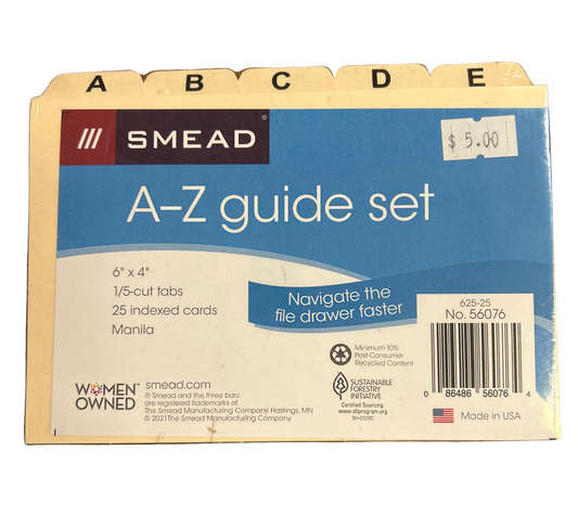 Smead A-Z guide set packaging on a wooden surface