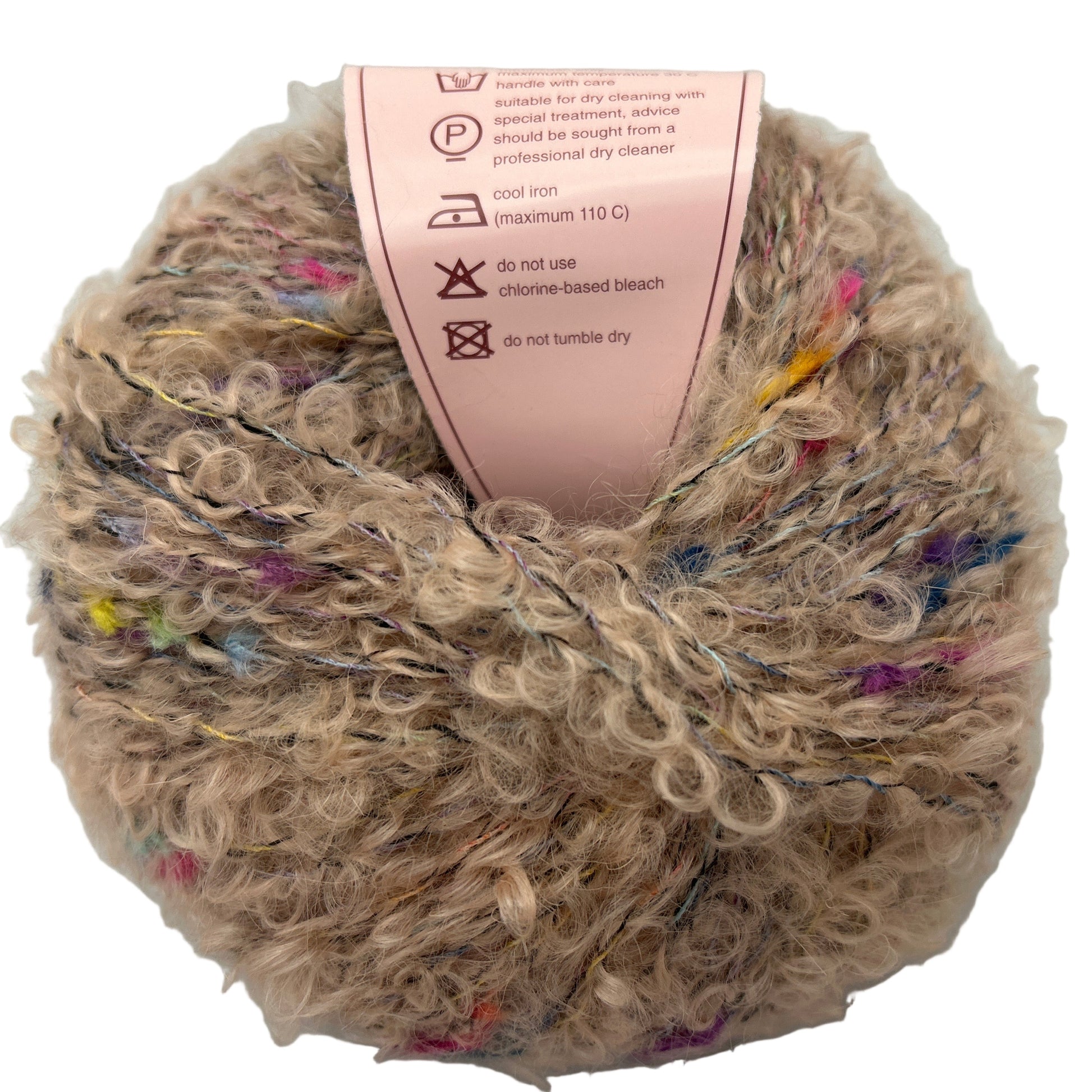 Ball of yarn with a label on a white background