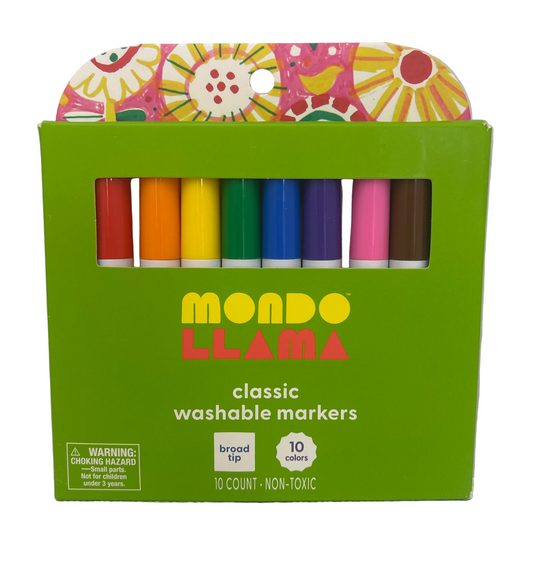 Box of Mondo Llama washable markers with colorful caps on a white background