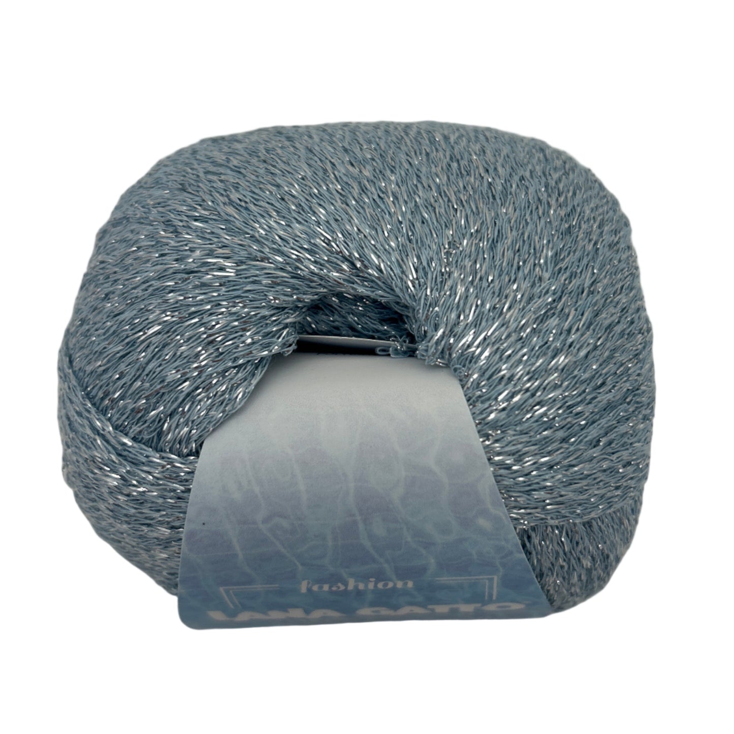 Blue yarn skein with a label on a white background