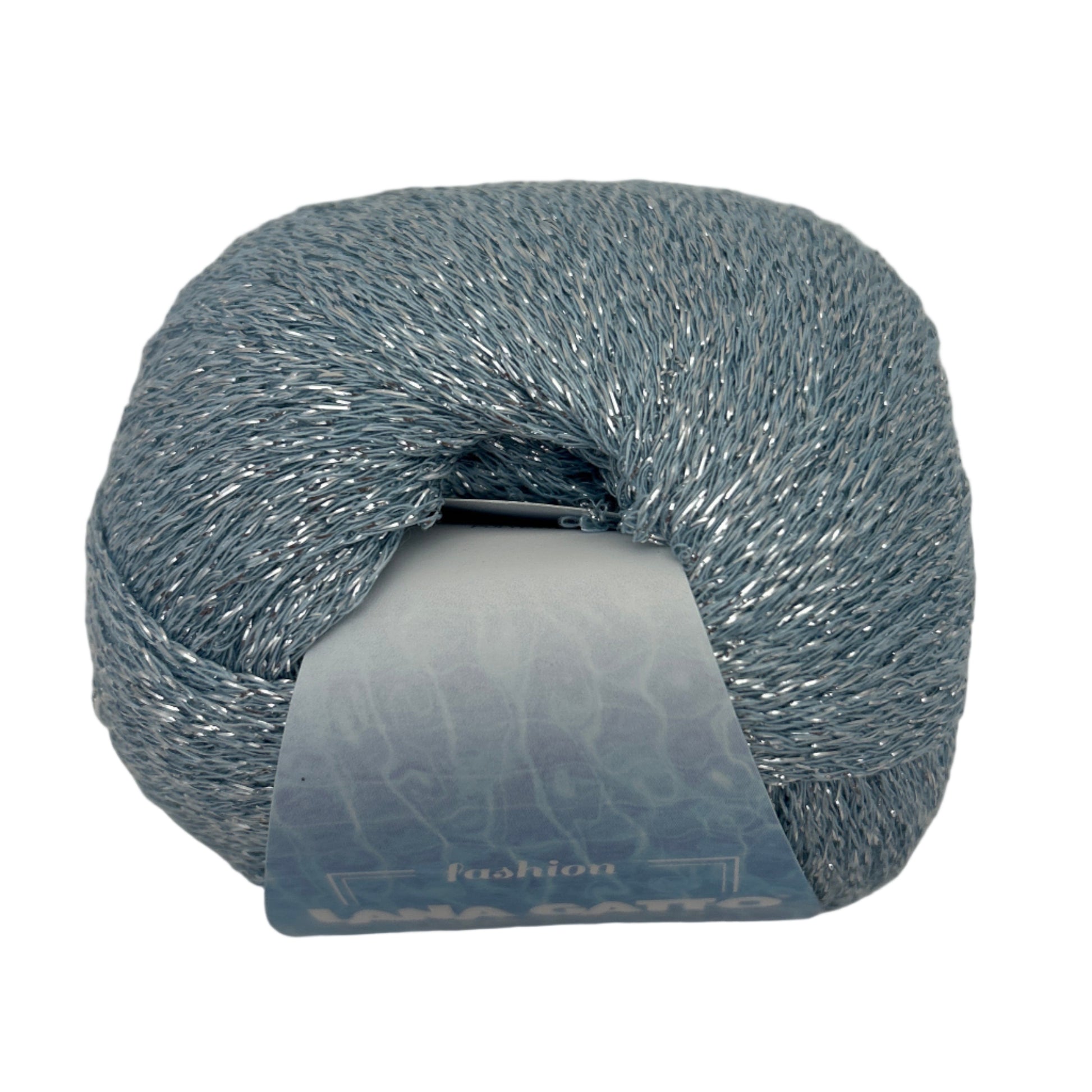 Blue yarn skein with a label on a white background