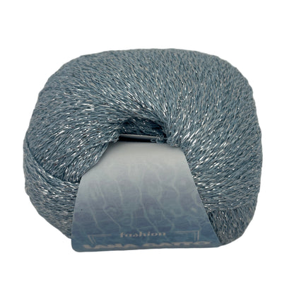 Blue yarn skein with a label on a white background