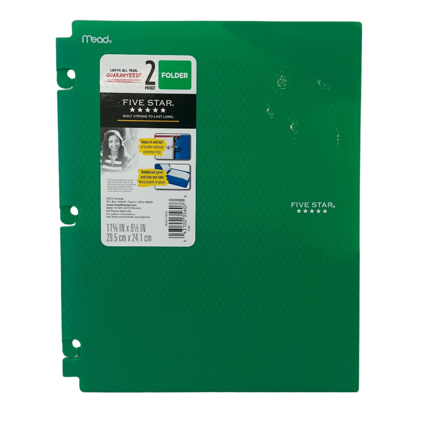 Green notebook with a label on a white background
