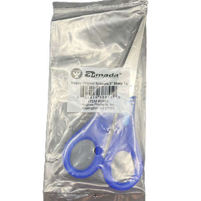 Packaged pair of blue-handled scissors with a Dumada label on a white background