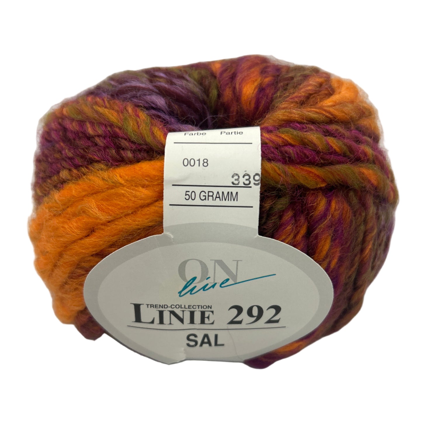 Ball of multicolored yarn with a label on a white background