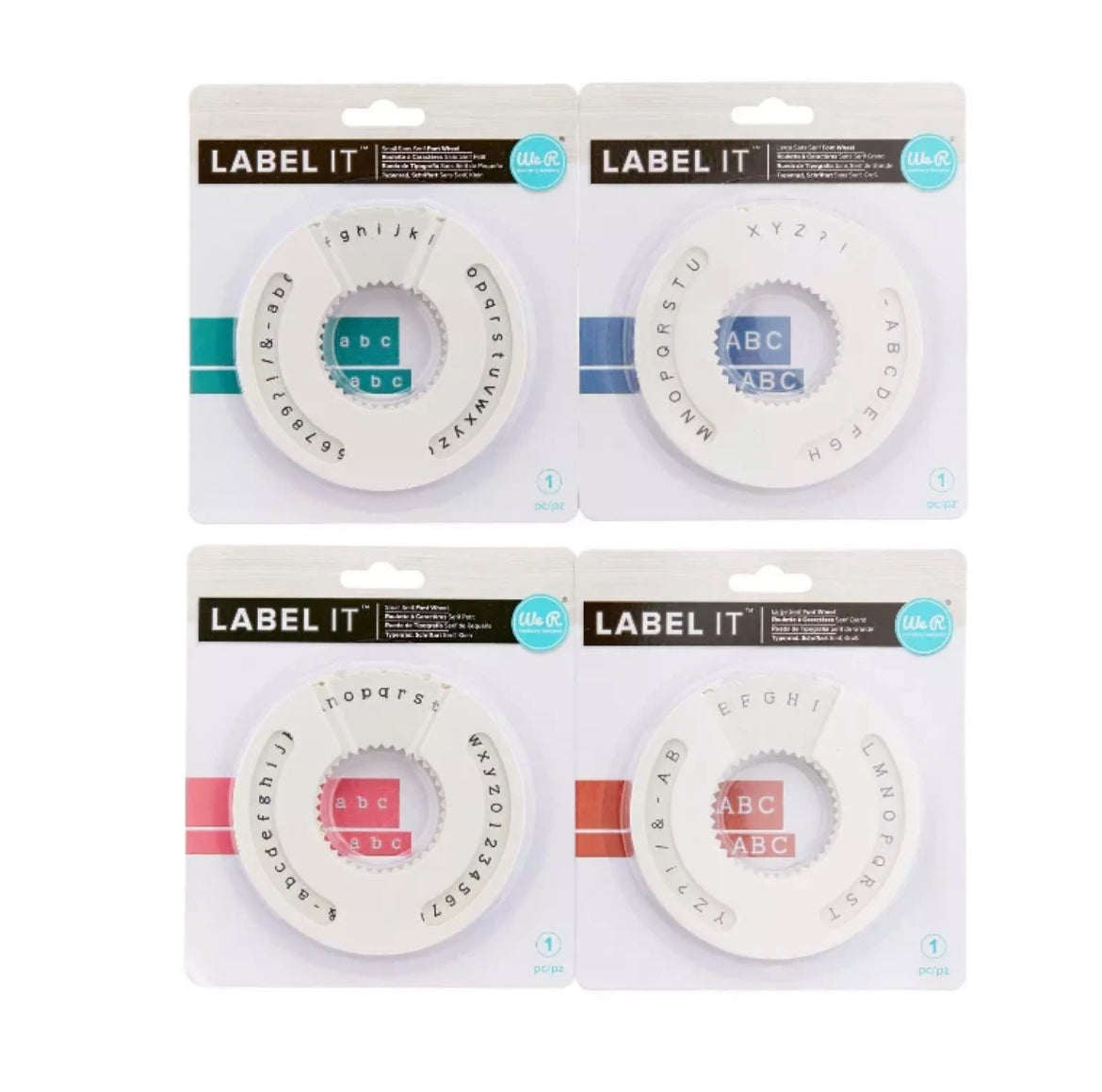 Four packages of 'Label It' tape with different color schemes on a white background.