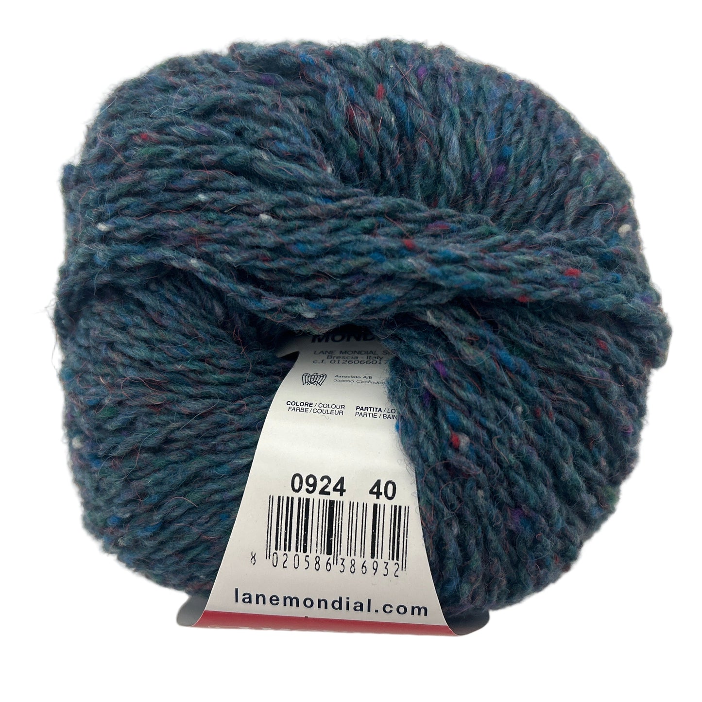 Blue skein of yarn with a label on a white background