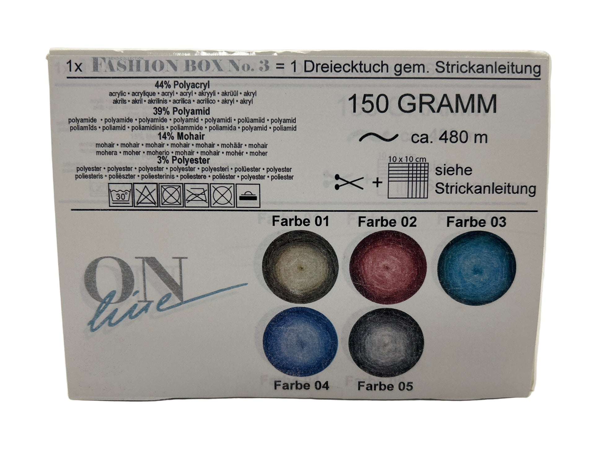 Box of yarn with color swatches and text on a white background