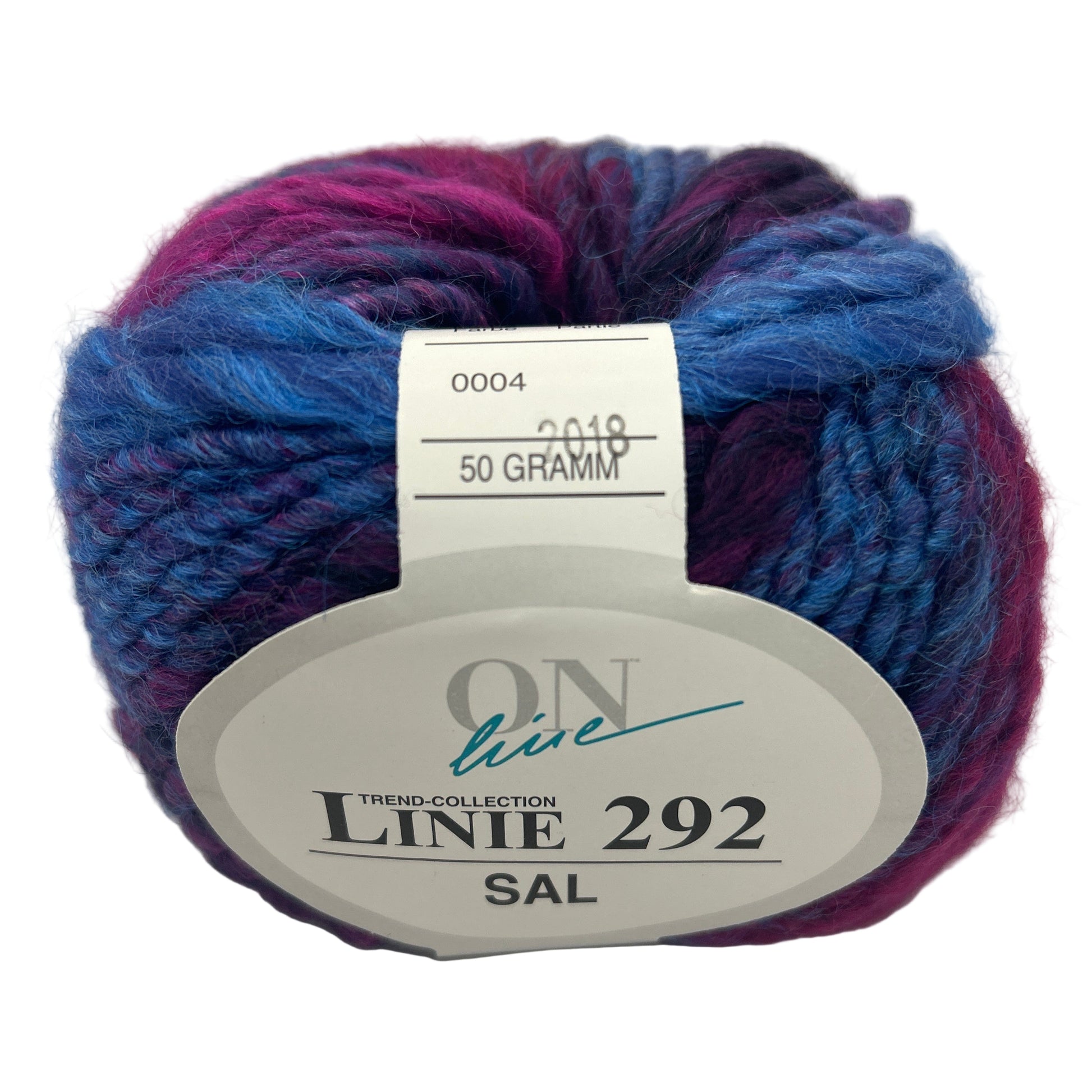 Multicolored yarn ball with a label on a white background
