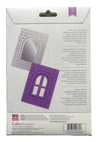 Package of die-cut window and door shapes with purple window design on a white background