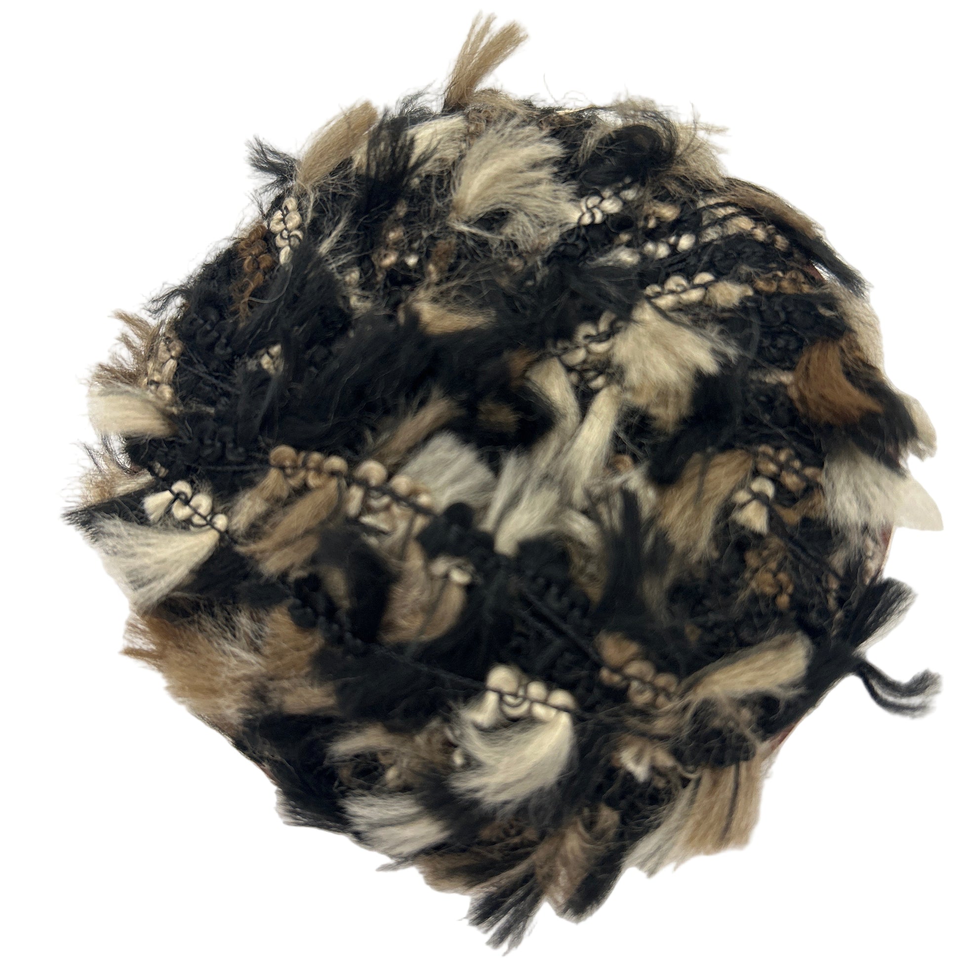 Feathered hat with black, brown, and beige feathers on a white background